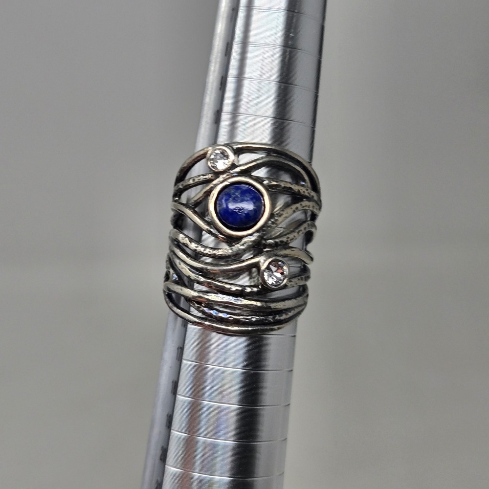 Orna Lalo Israel 925 Sterling Silver Lapis Lazuli CZ Wide Cage Band Ring Size 7 - Picture 4 of 9